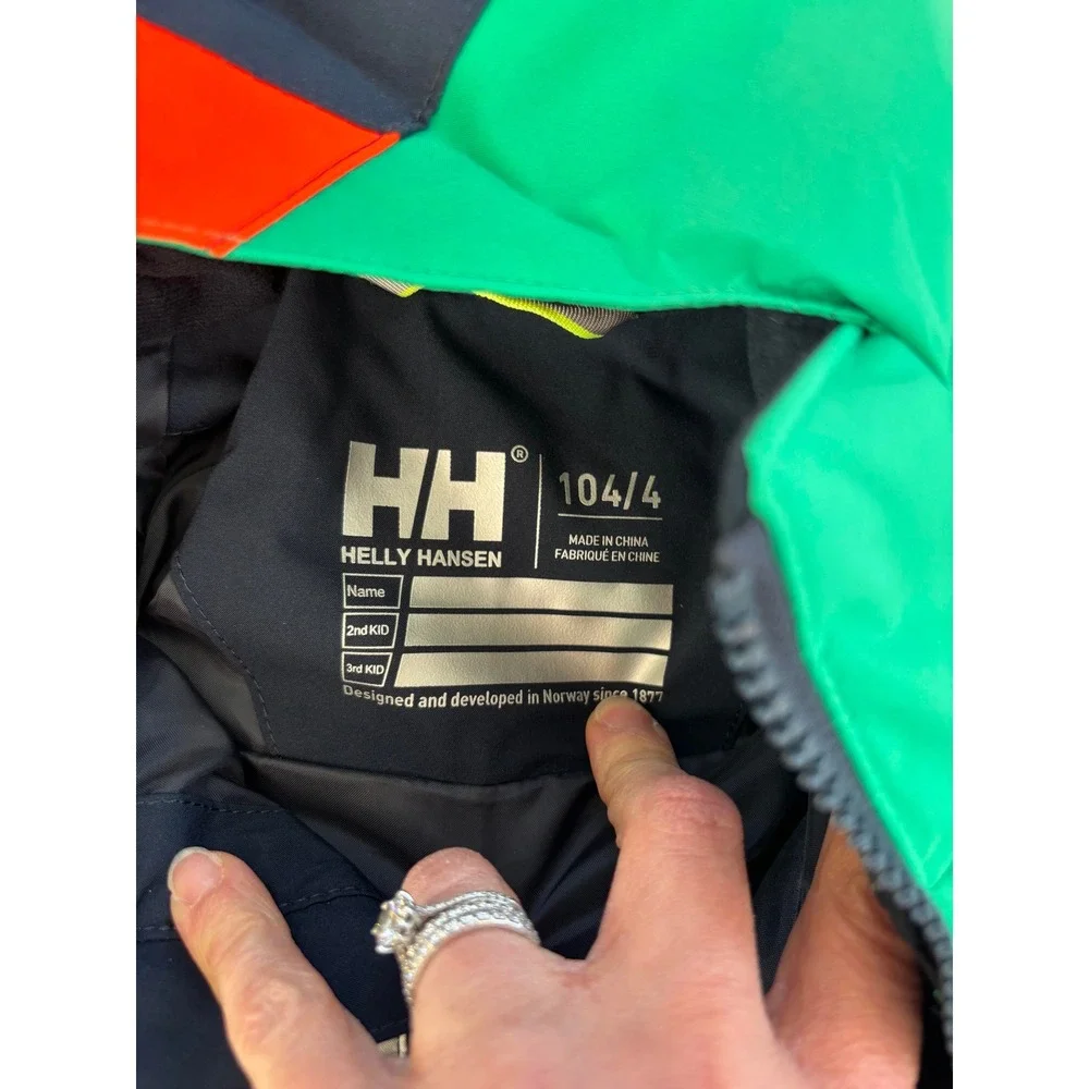 Helly Hansen Kids Puffer Ski Jacket Navy Green White‎ Hooded Coat Size 4 NWOT